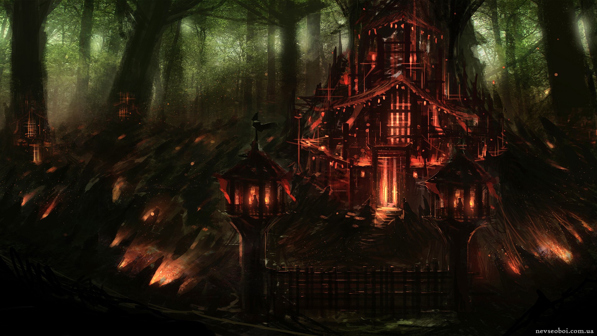 Болотный дворец. Фэнтези архитектура. Демонический дворец. Мрачный замок в лесу. Поместье в лесу фэнтези.